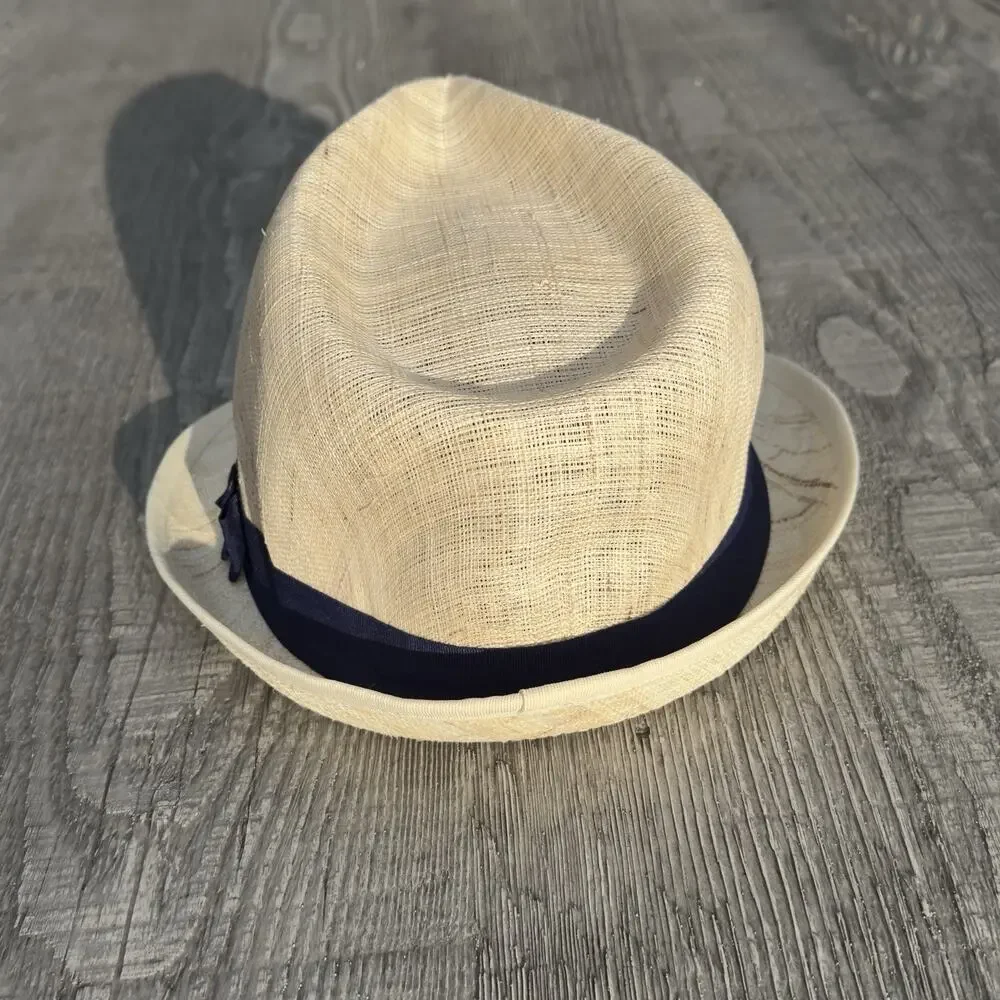 Ralph Lauren Women's Straw Fedora Hat Medium Ivory w/ Navy Grosgrain Band